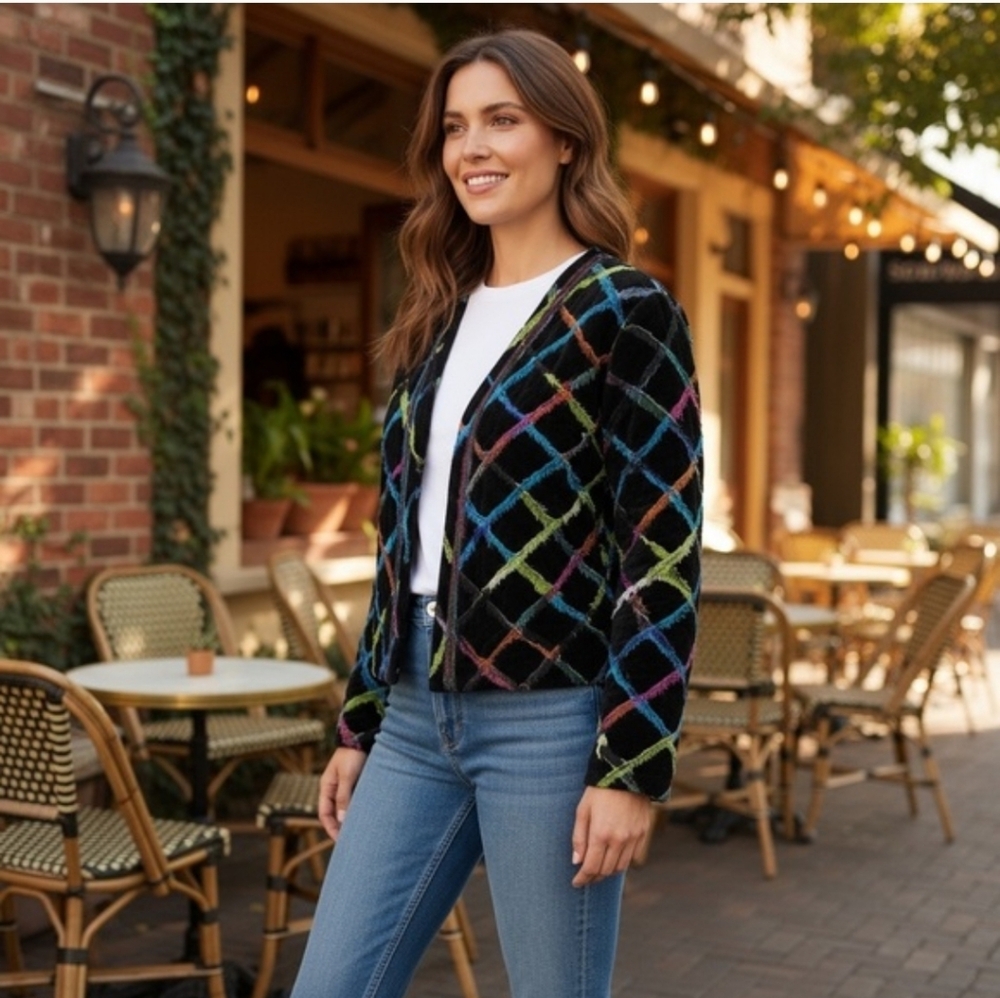 Chico's Black Velvet Jacket with Neon Pattern - Size 2
